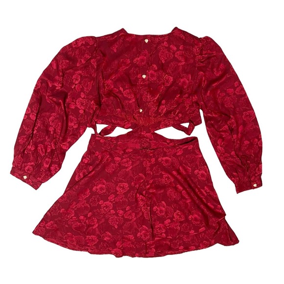 RAHI NWD Flora Cutout Mini A Line Dress Red Sz L Tie Back Button Back 7/8 Slv - Picture 5 of 8